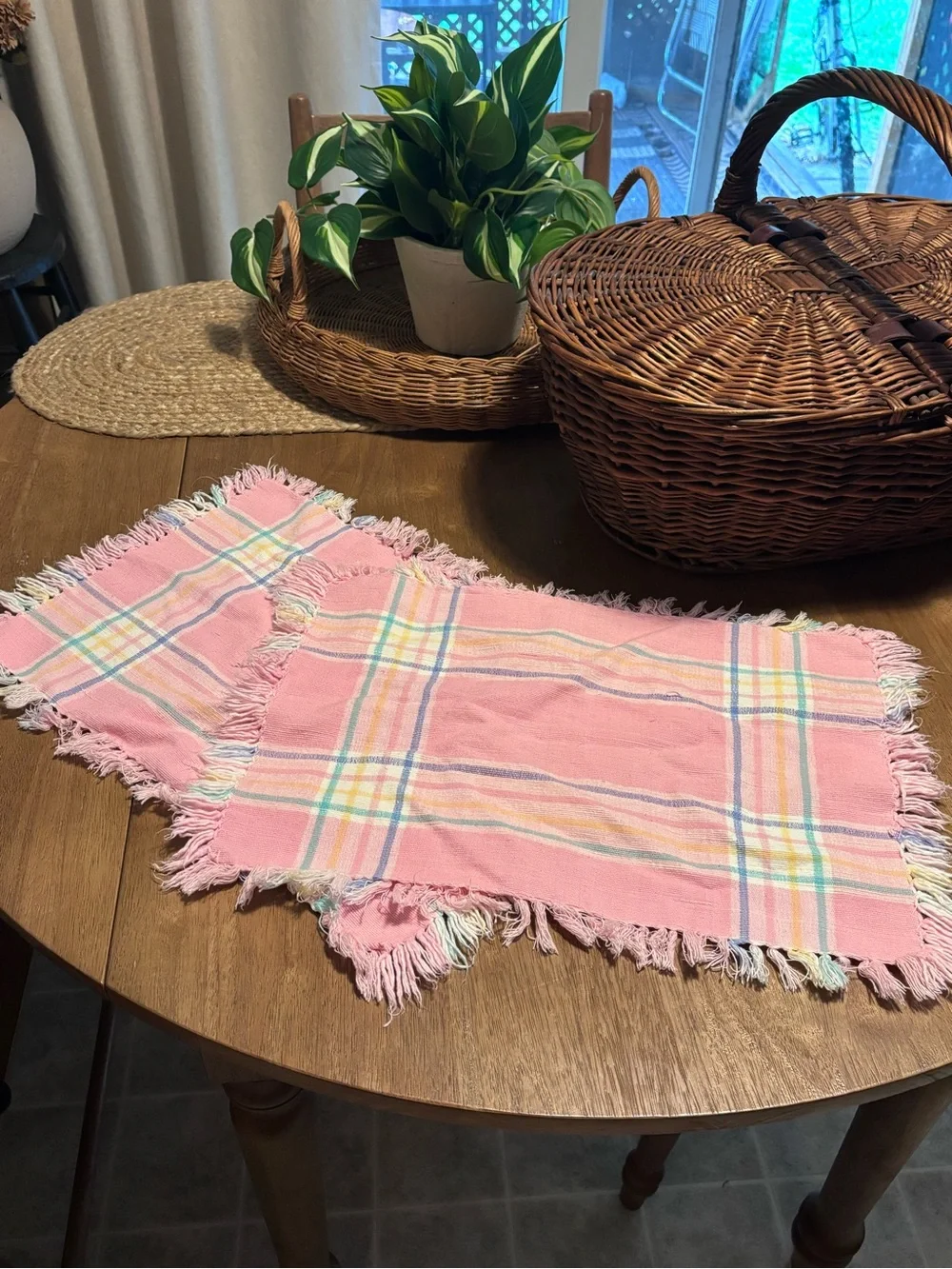 Table Placemats Pink Yellow Green And Blue Plaid With Fringe 2PC